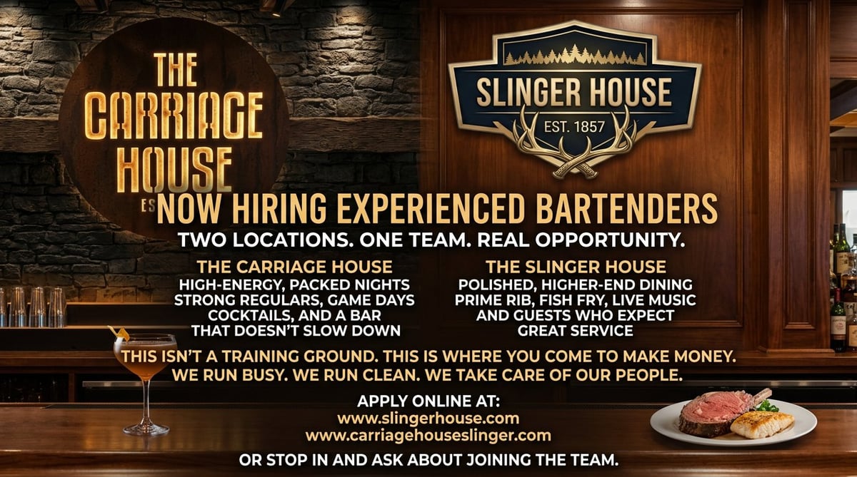 Job posting for experienced bartenders at The Carriage House and Slinger House restaurants, advertising high-energy shifts and bar opportunities
